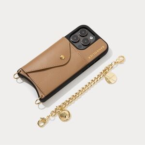 Bandolier Camel Leather Phone Case with Gold Chain